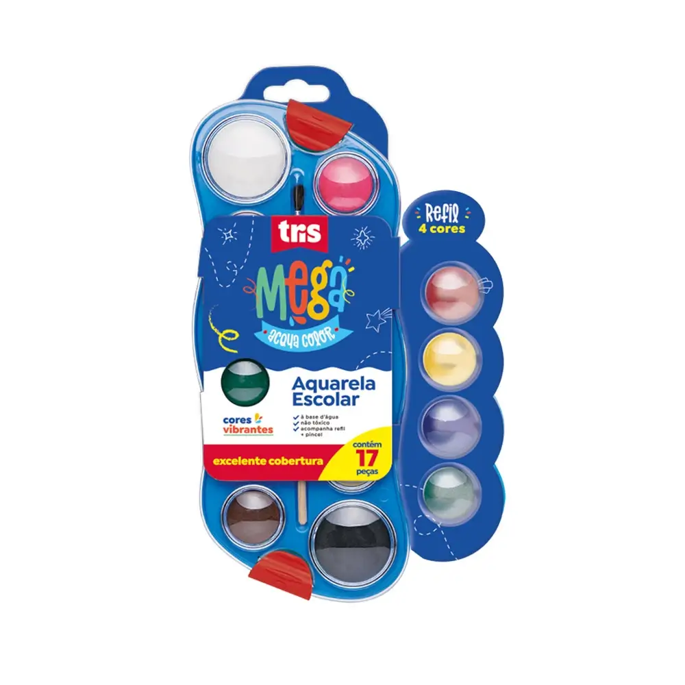 Aquarela Mega Acqua Color - 12 Cores + 4 Cores Refil - Estojo C/17 un -Tris - Imagem 1