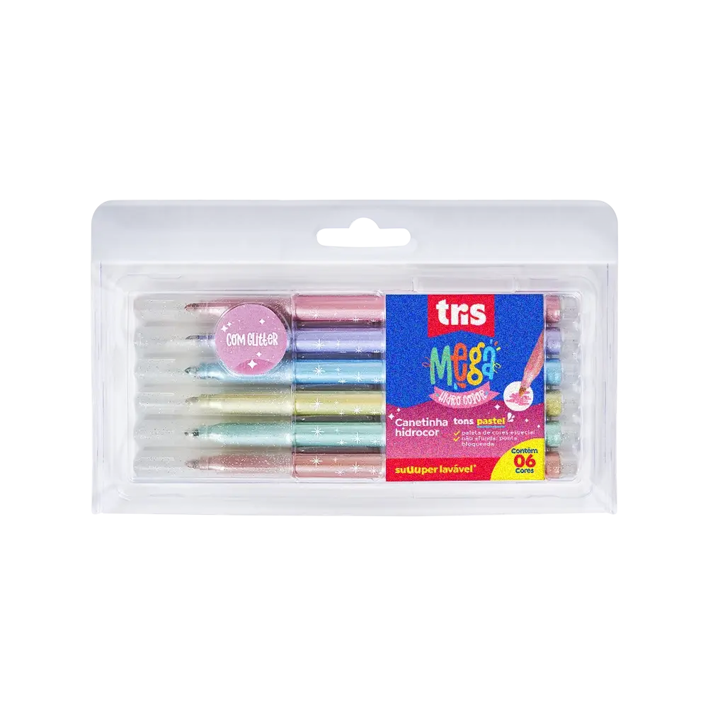 Hidrocor Ponta Fina Mega Hidro Color - Tons Pastel Glitter - 6 Cores -Tris - Imagem 1