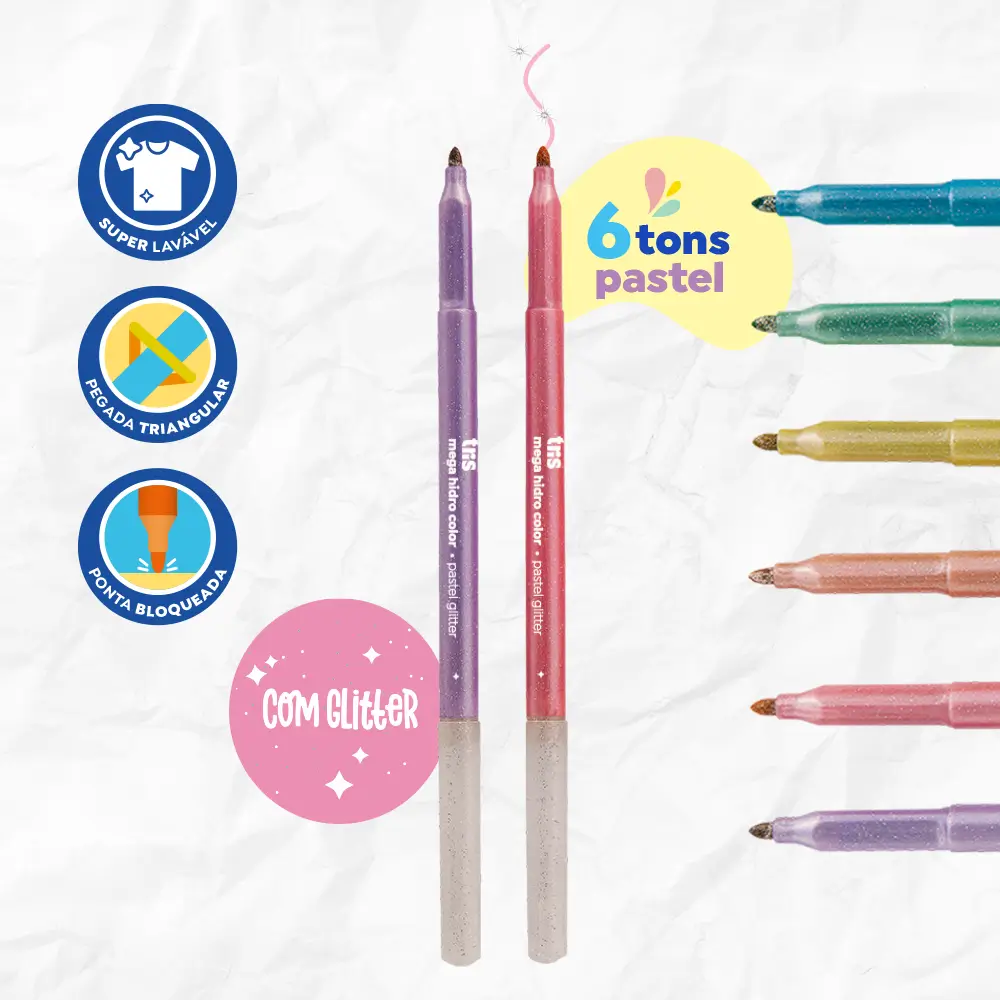 Hidrocor Ponta Fina Mega Hidro Color - Tons Pastel Glitter - 6 Cores -Tris - Imagem 3
