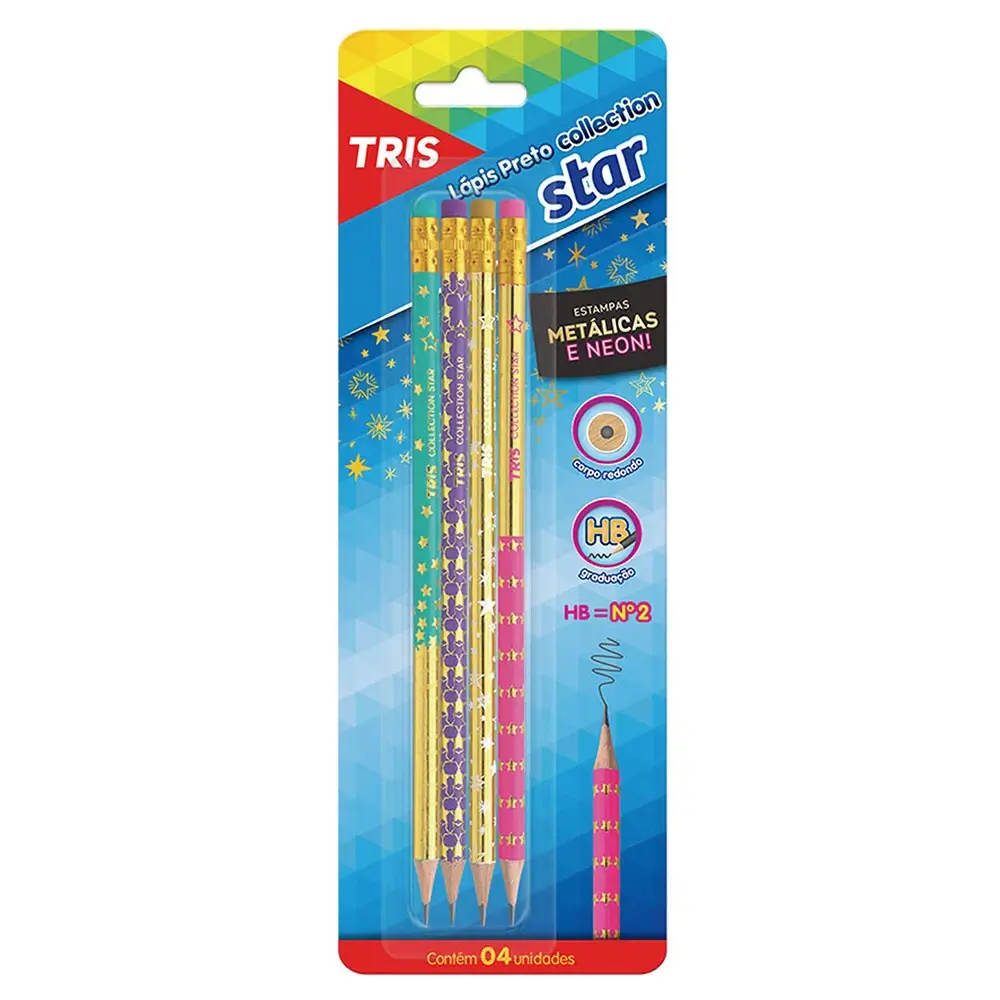 Lápis Preto Com Borracha - Collection Star - HB - Cart C/4 UN - Tris - Imagem 1