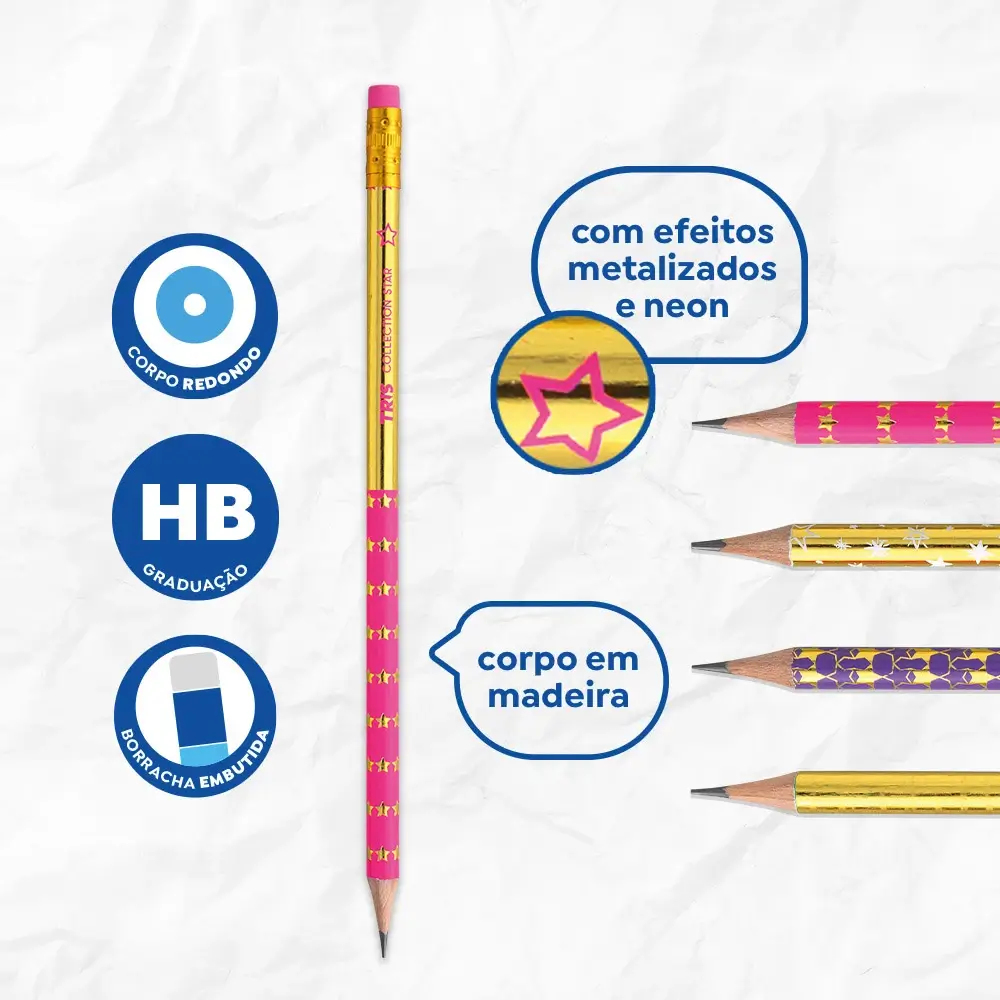 Lápis Preto Com Borracha - Collection Star - HB - Cart C/4 UN - Tris - Imagem 3