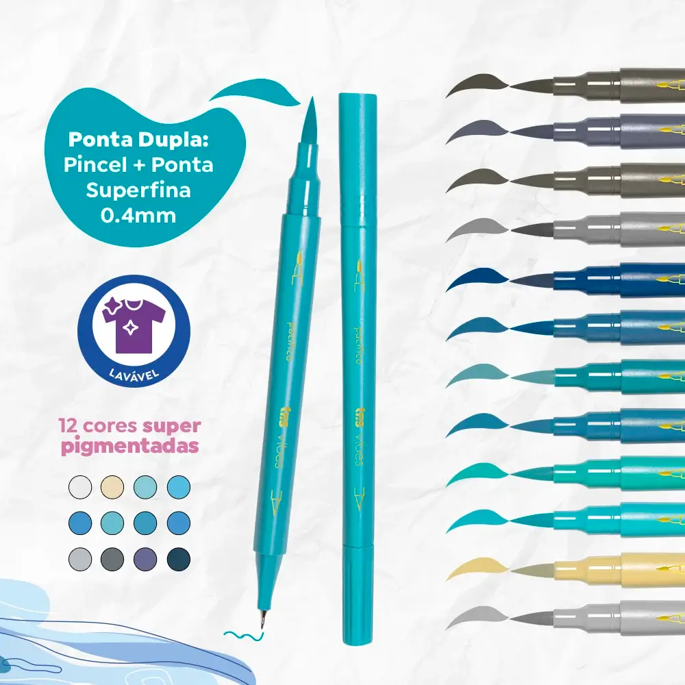 Hidrocor Ponta Dupla Pincel + Superfina Vibes Sketch - Oceano - 12 Cores - Tris - Imagem 4