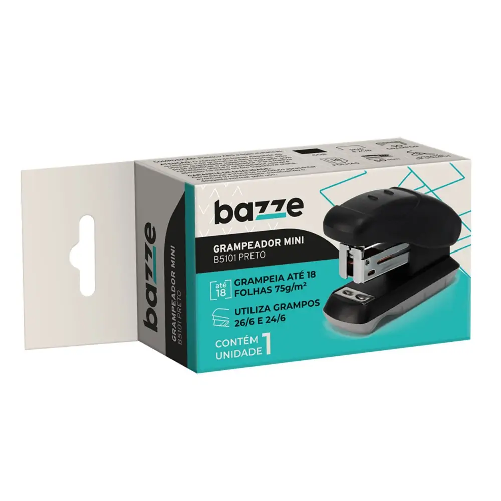 Grampeador Mini B5101 - 26/6 - 18 Folhas - Plástico - Preto - Caixa C/1 un - Bazze - Imagem 1