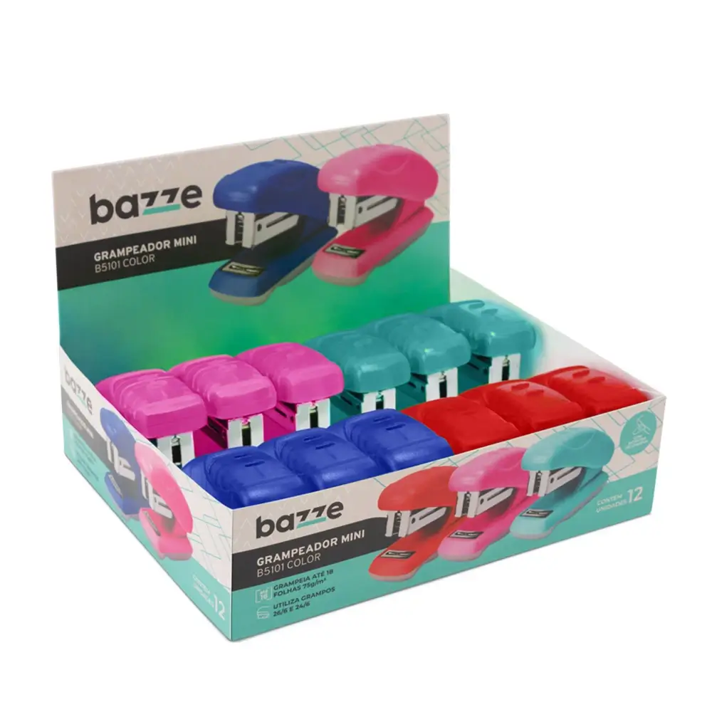 Grampeador Mini B5101 - 26/6 - 18 Folhas - Plástico - Cores sortidas -Display C/12 un - Bazze - Imagem 1