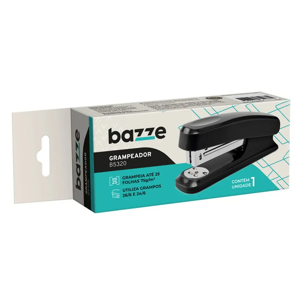Grampeador B5320 - 26/6 - 25 Folhas - Plástico - Preto - Caixa C/1 un - Bazze - Imagem 1