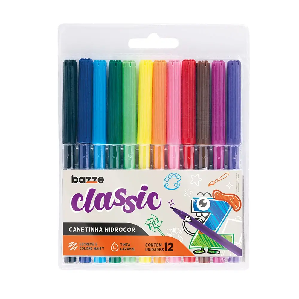 Hidrocor Ponta Fina Classic - 12 Cores - Bazze - Imagem 1