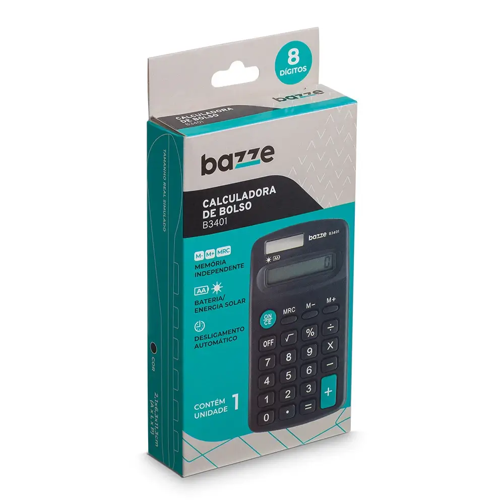 Calculadora de Bolso B3401 - 8 Dígitos - Caixa C/1 un - Bazze - Imagem 1