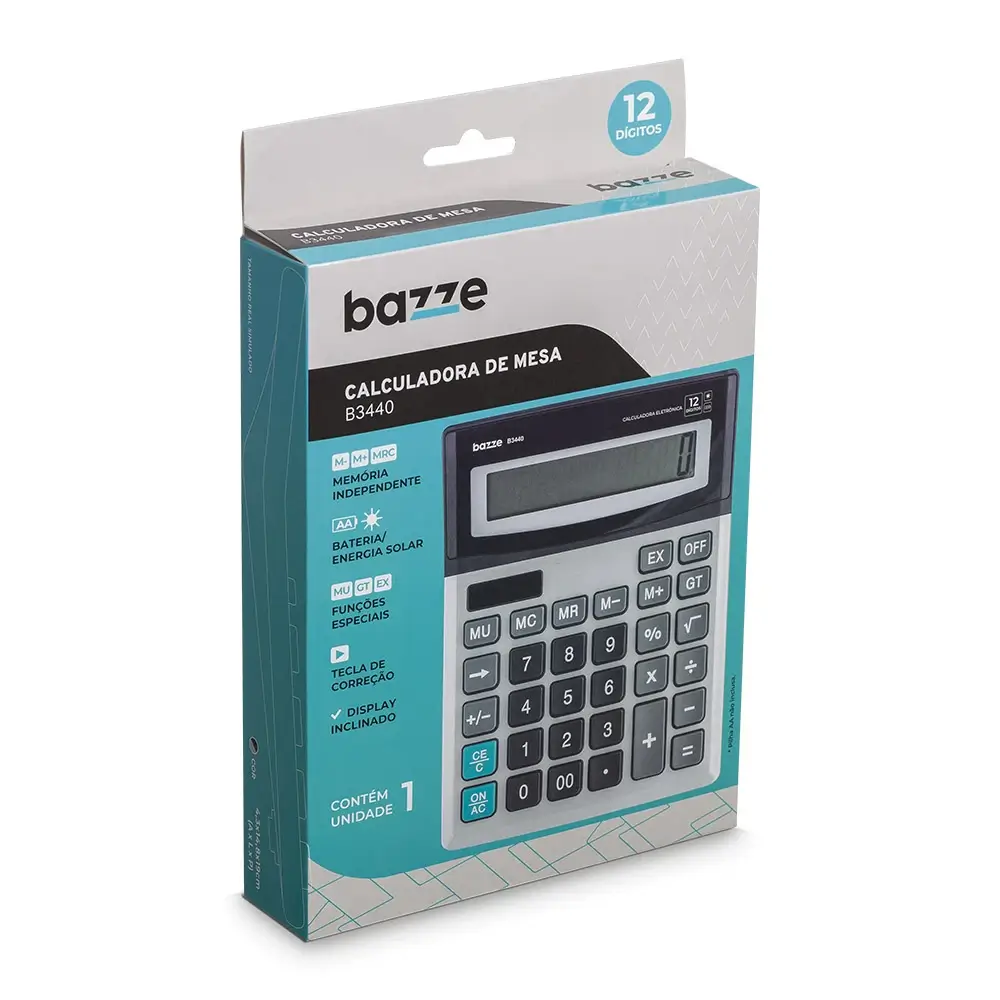 Calculadora de Mesa B3440 - 12 Dígitos - Metálica - Caixa C/1 un – Bazze - Imagem 1