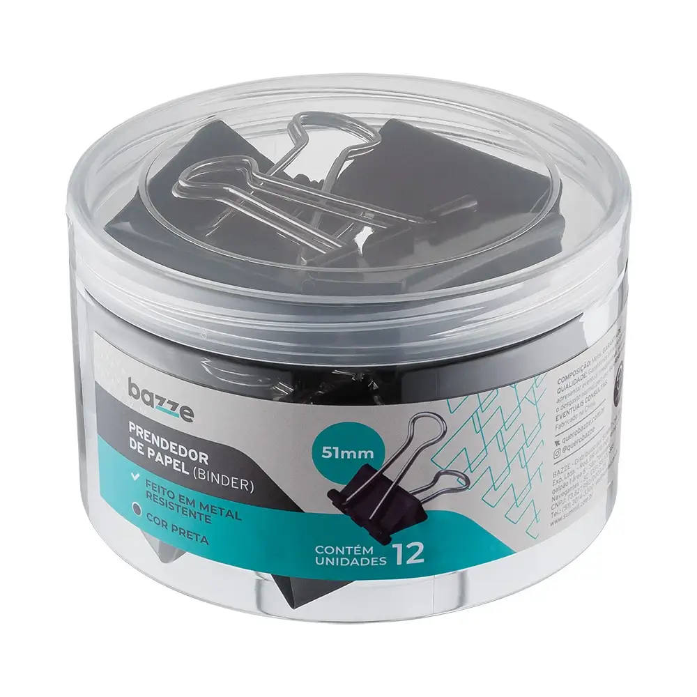 Prendedor de Papel - Preto - 51mm - Pote C/12 un - Bazze - Imagem 1