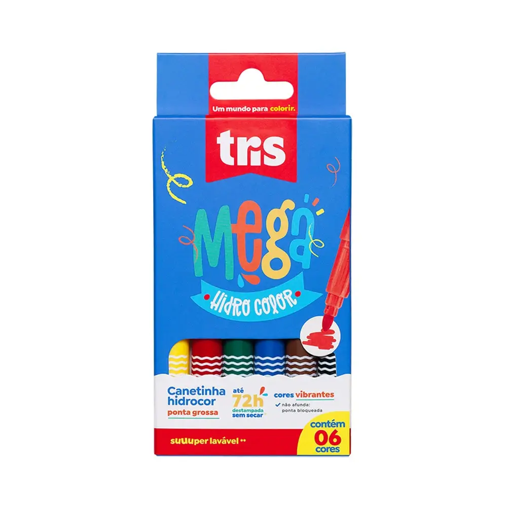 Hidrocor Ponta Grossa Mega Hidro Color - 6 Cores - Tris - Imagem 1