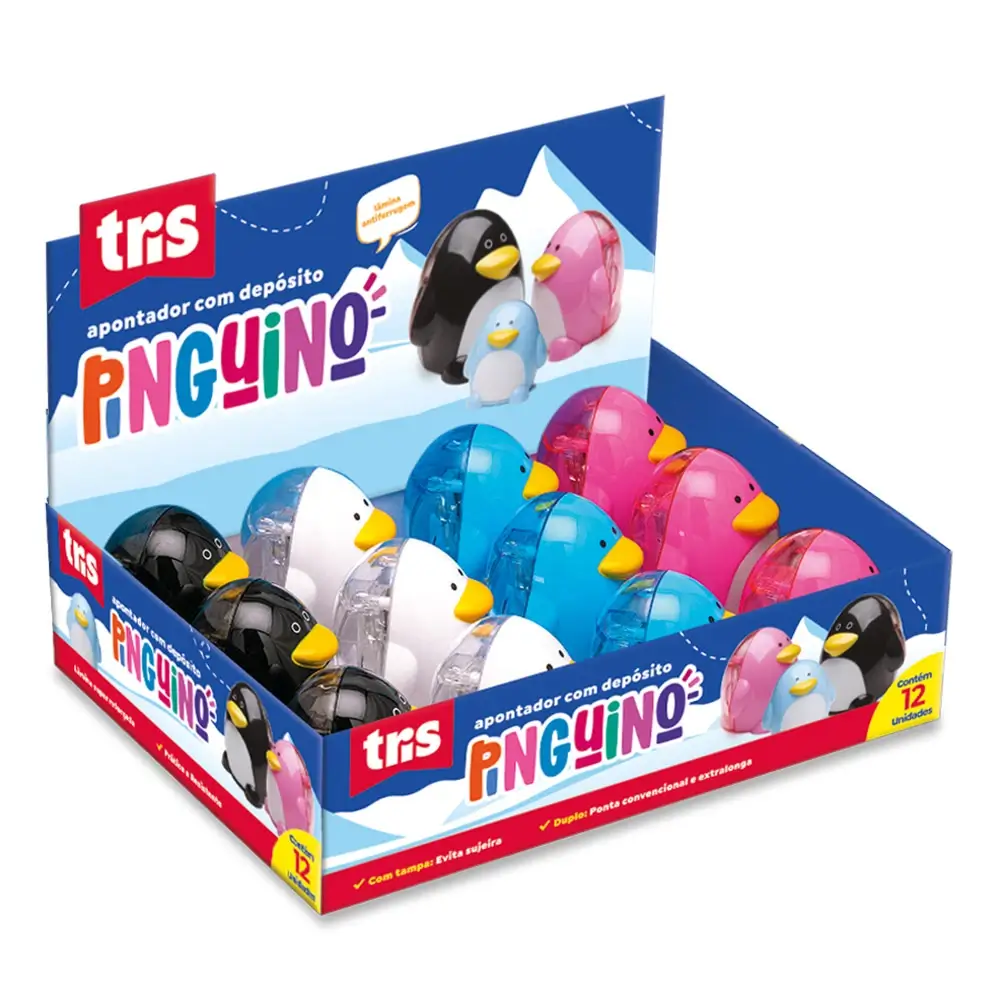 Apontador com Depósito Pinguino - Cores Sortidas - Display C/12 un -Tris - Imagem 1
