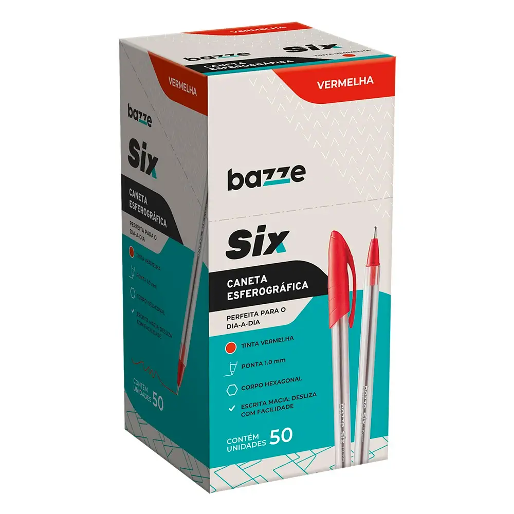 Caneta Esferográfica Six - Vermelho - 1.0mm - Caixa C/50 un - Bazze - Imagem 1