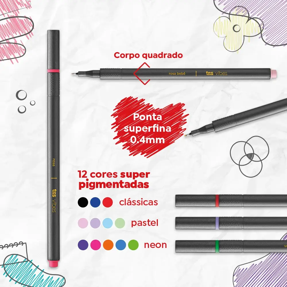 Caneta Superfina Vibes - Clássica + Pastel + Neon - 12 Cores - Tris - Imagem 3