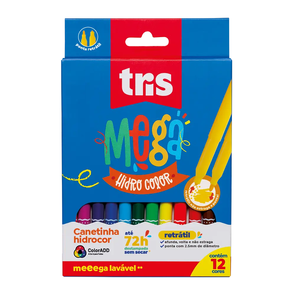 Hidrocor Ponta Fina Retrátil Mega Hidro Color - 12 Cores - Tris - Imagem 1