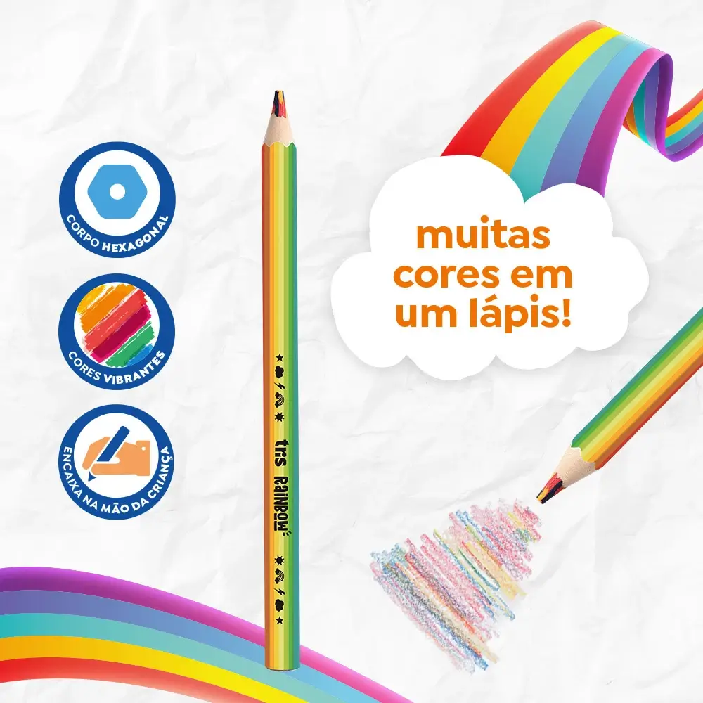 Lápis de Cor Rainbow Tamanho Jumbo - Mina Multicolorida - Pote C/24 un - Tris - Imagem 3