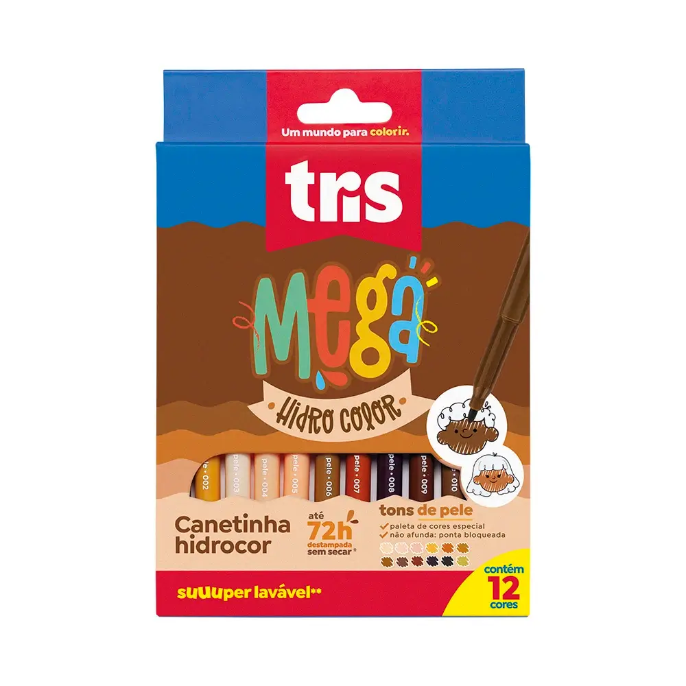 Hidrocor Ponta Fina Mega Hidro Color - Tons de Pele - 12 Cores - Tris - Imagem 1