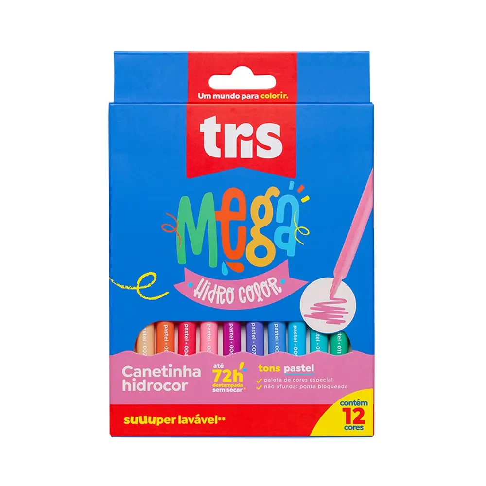 Hidrocor Ponta Fina Mega Hidro Color - Tons Pastel - 12 Cores - Tris - Imagem 1