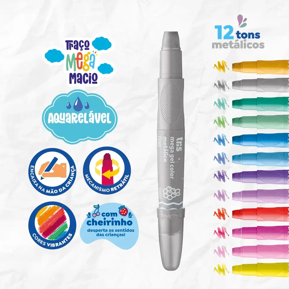 Giz Retrátil Mega Gel Color - Metálico - 12 Cores - Tris - Imagem 3