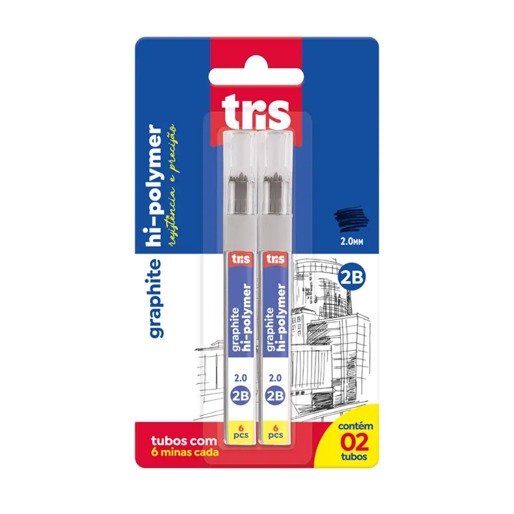 Grafite Hi-Polymer Graphite - 2.0mm 2B - Cartela C/2 Tubos C/6 Minas -Tris - Imagem 1