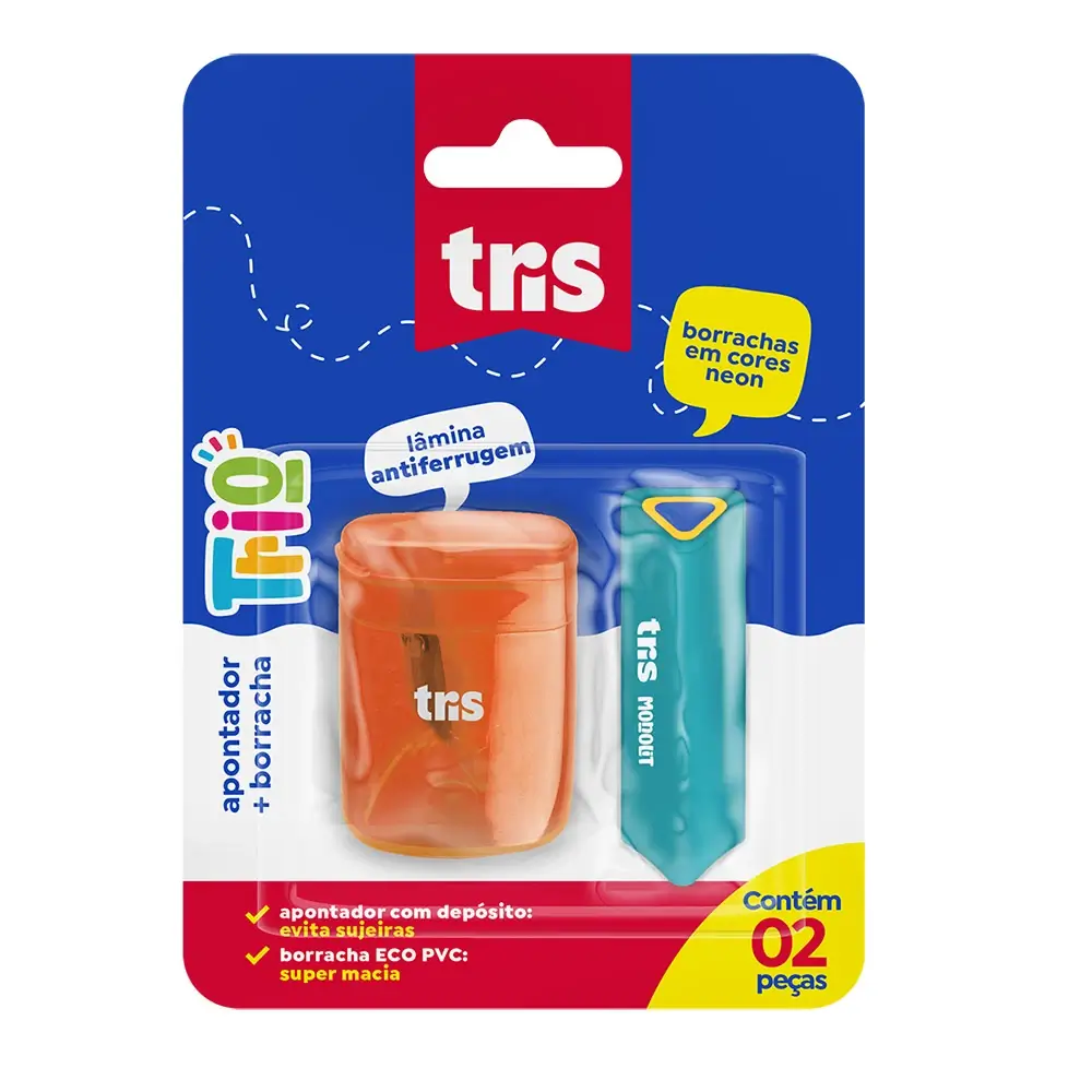 Kit Trio Apontador com Depósito Su263 + Borracha - Cartela C/2 peças - Tris - Imagem 1