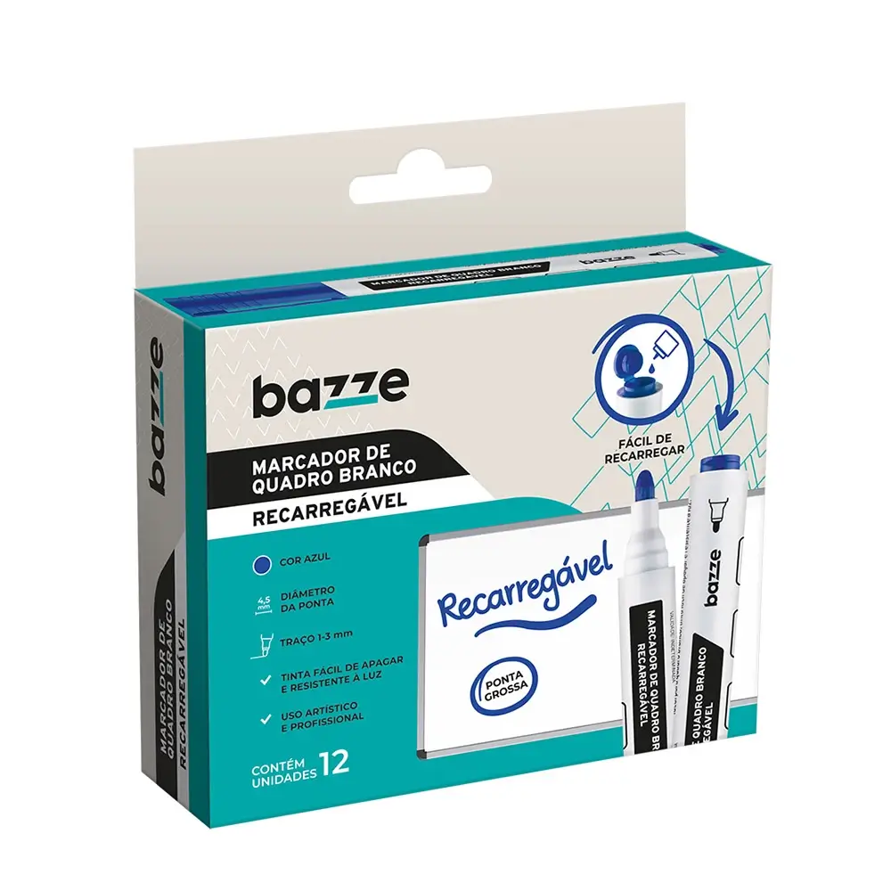 Marcador de Quadro Branco - Recarregável - Azul - Caixa C/12 un - Bazze - Imagem 1