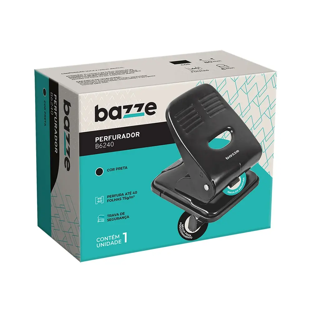 Perfurador B6240 - 2 Furos - 40 Folhas - Metálico - Preto - Caixa C/1 un - Bazze - Imagem 1