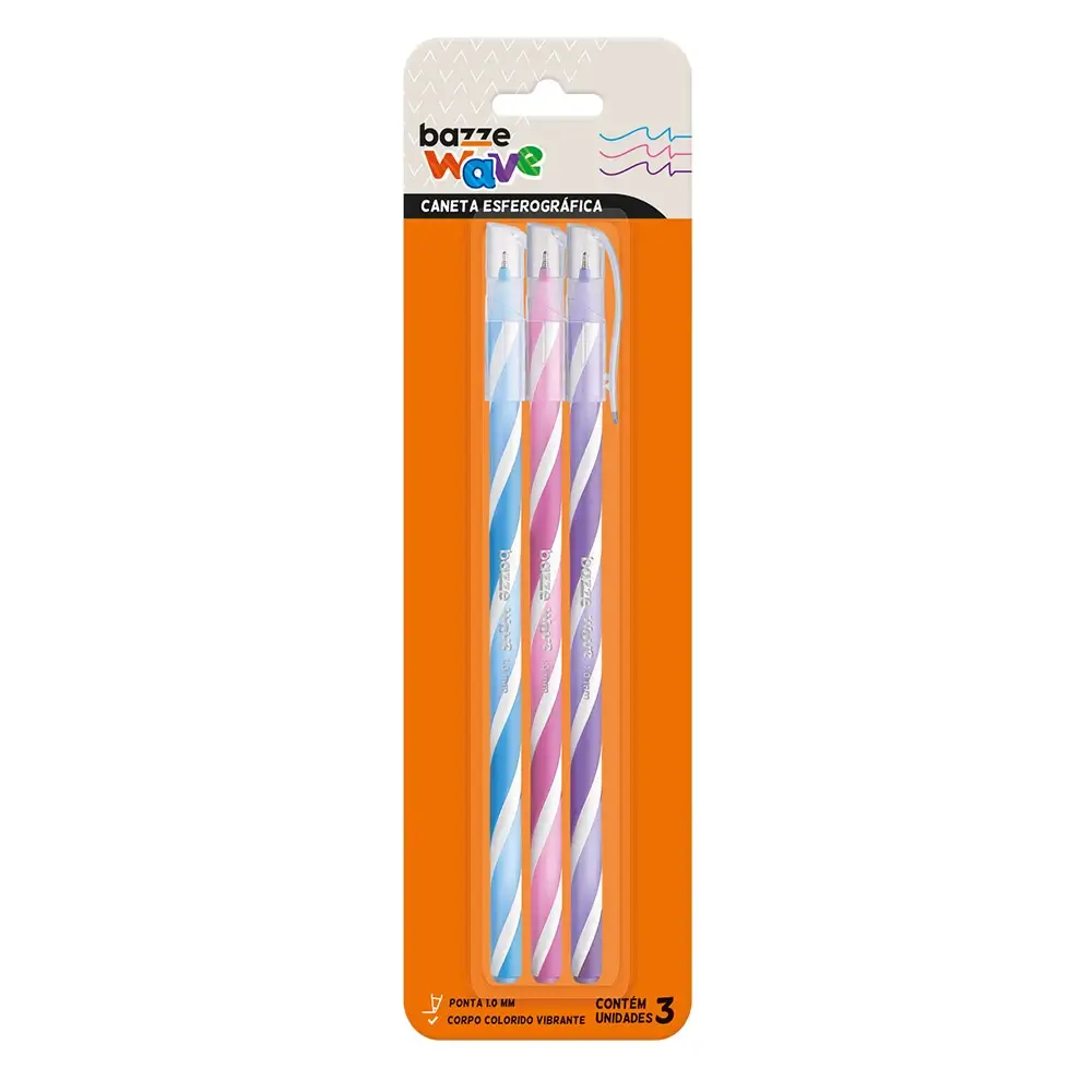 Caneta Esferográfica Wave - Cores Fashion - 1.0mm - Cartela C/3 un -Bazze - Imagem 1
