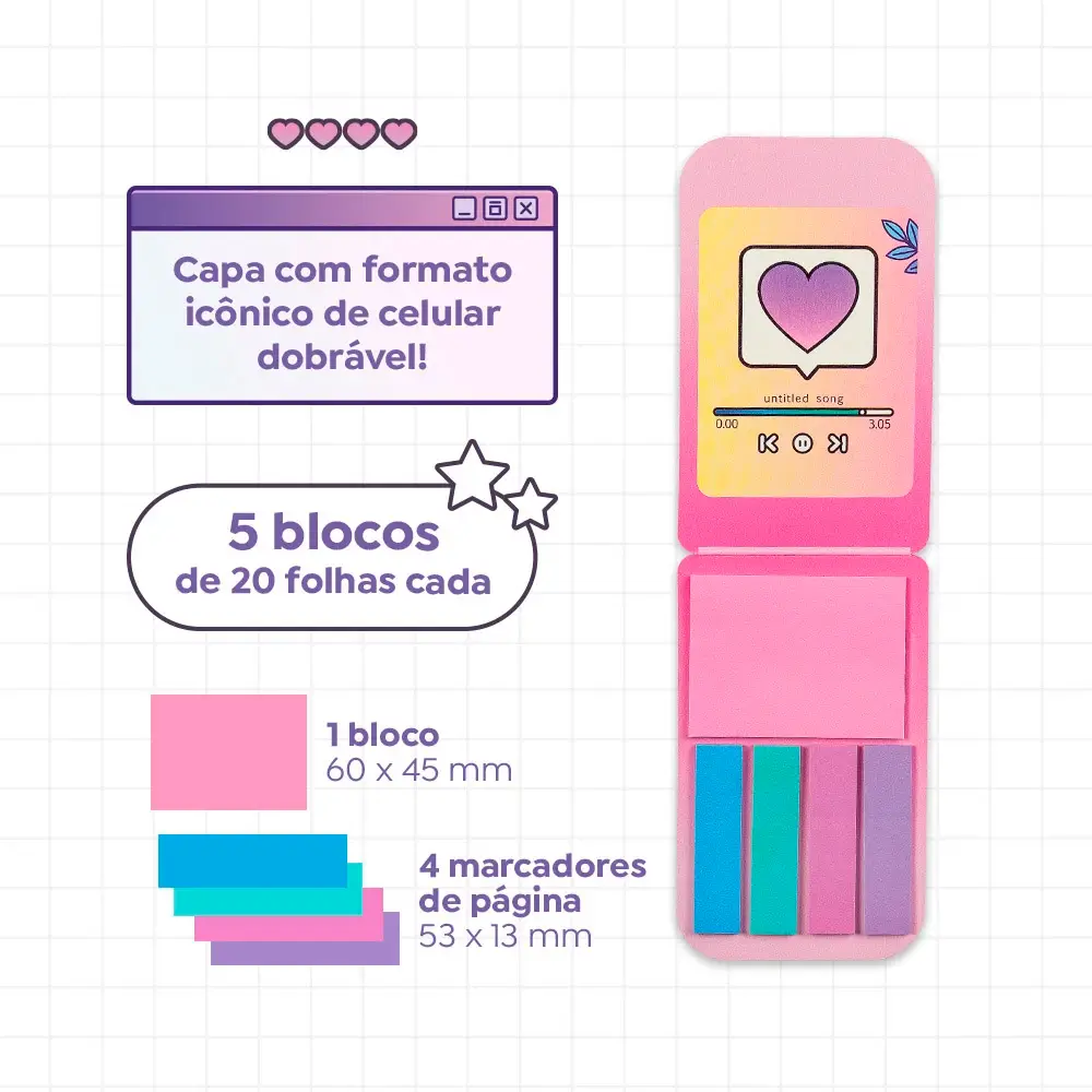 Kit Nota Autoadesivas + Marcador de Página Flip Holic Forever 2000 - Polybag C/5 Blocos X 20 Folhas - Tris - Imagem 3