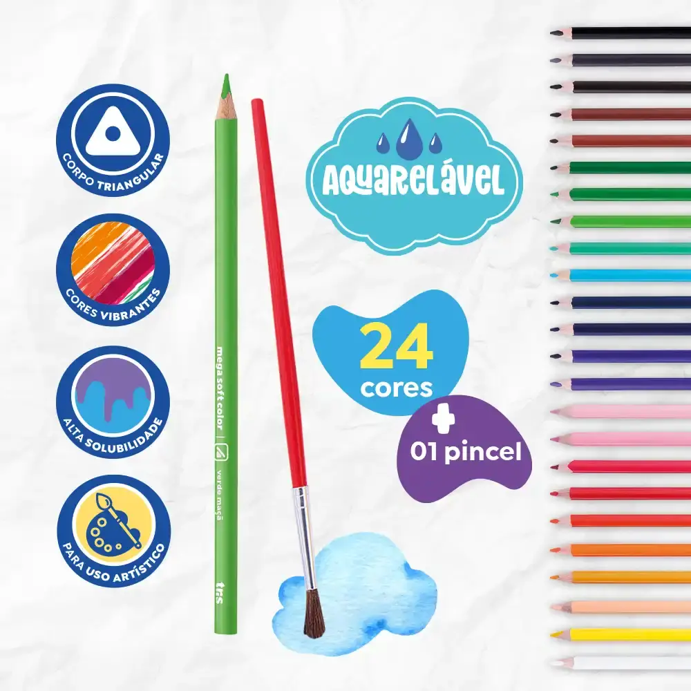 Lápis de Cor Aquarelável Mega Aqua - 24 Cores + Pincel -Tris - Imagem 4