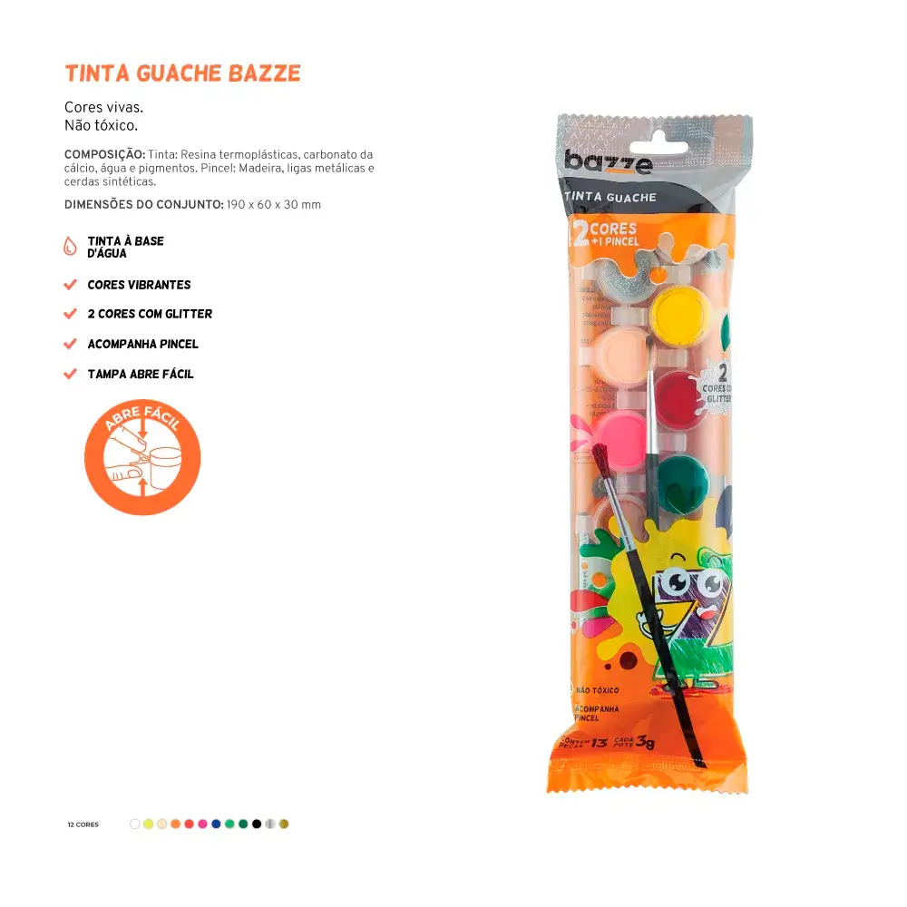 Tinta Guache 12 Cores Com Pincel - 2 Cores C/ Glitter - Conjunto C/ 13peças - Bazze - Imagem 4