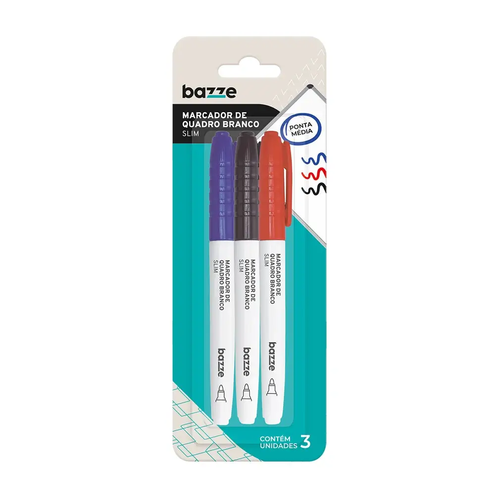 Marcador de Quadro Branco Slim - Azul/Preto/Vermelho - Cartela C/3 un - Bazze - Imagem 1