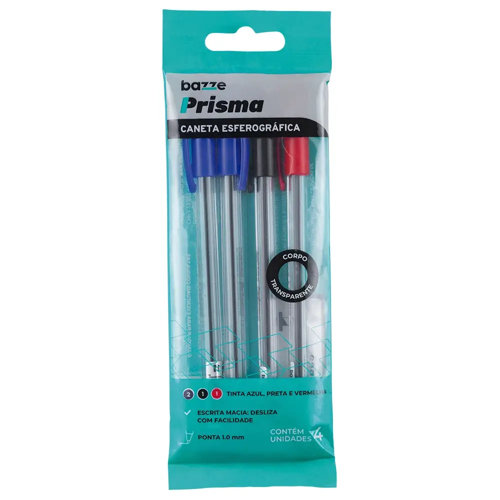 Caneta Esferográfica Prisma- 1.0mm - Cores clássicas - Polybag C/4 un - Bazze - Imagem 1