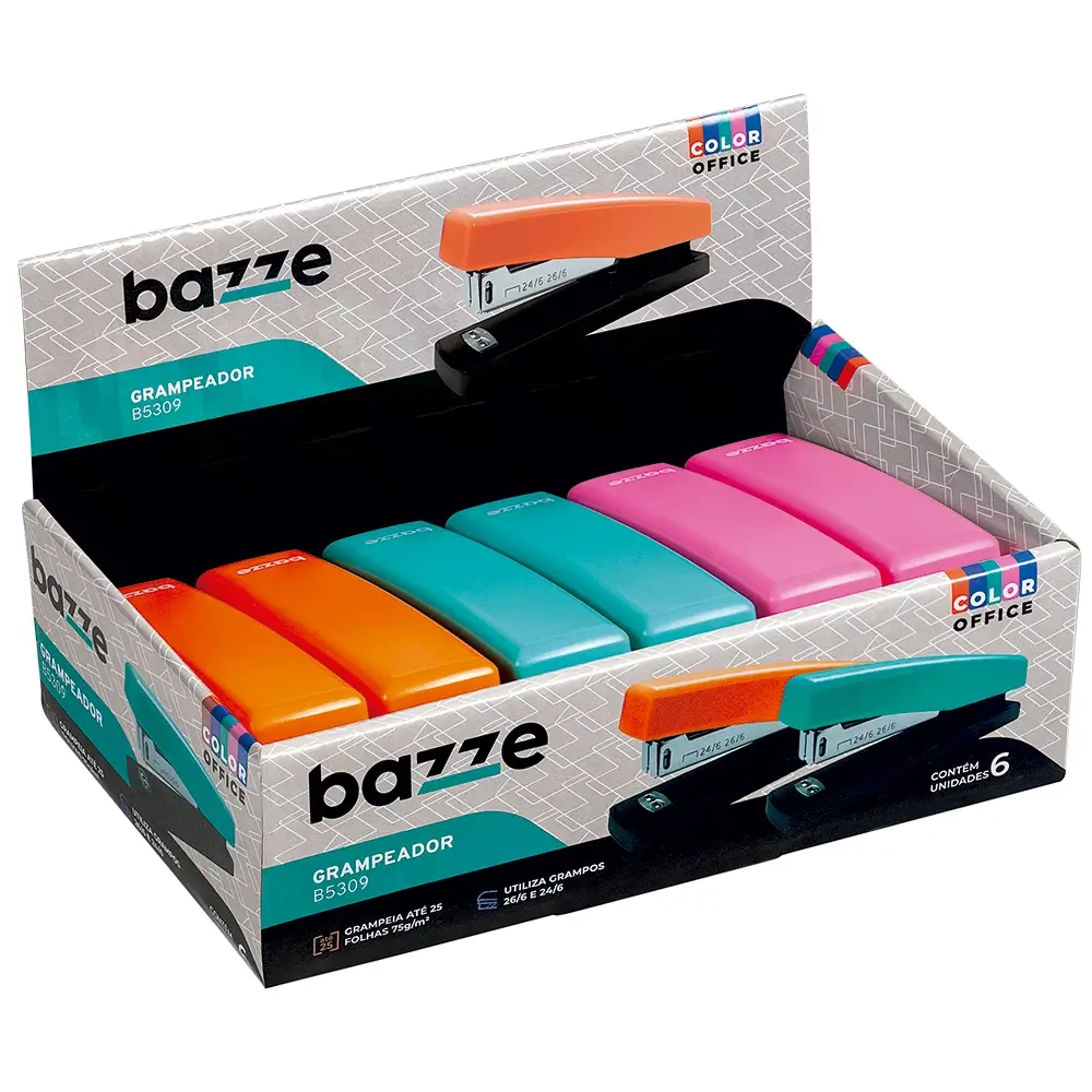 Grampeador B5309 - 26/6 - 25 Folhas - Plástico - Cores sortidas - CaixaC/6 un - Bazze - Imagem 1