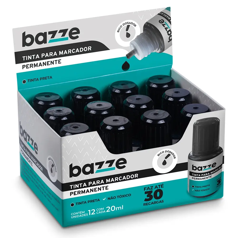 Tinta para Marcador Permanente - 20ml - Preto - Display C/12 un - Bazze - Imagem 1