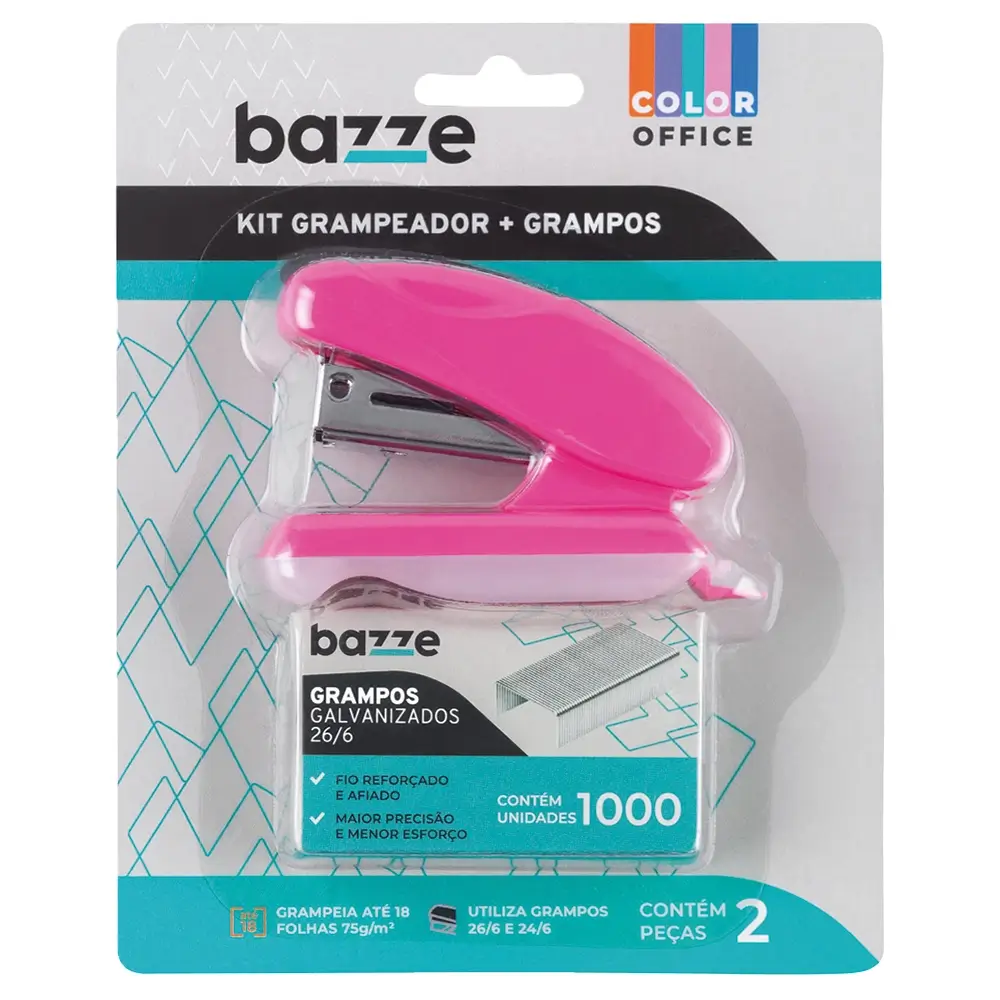 Kit Grampeador Mini B5101 - 26/6 - 18 Folhas - Plástico + Grampos -Cores sortidas - Cartela C/2 peças - Bazze - Imagem 1
