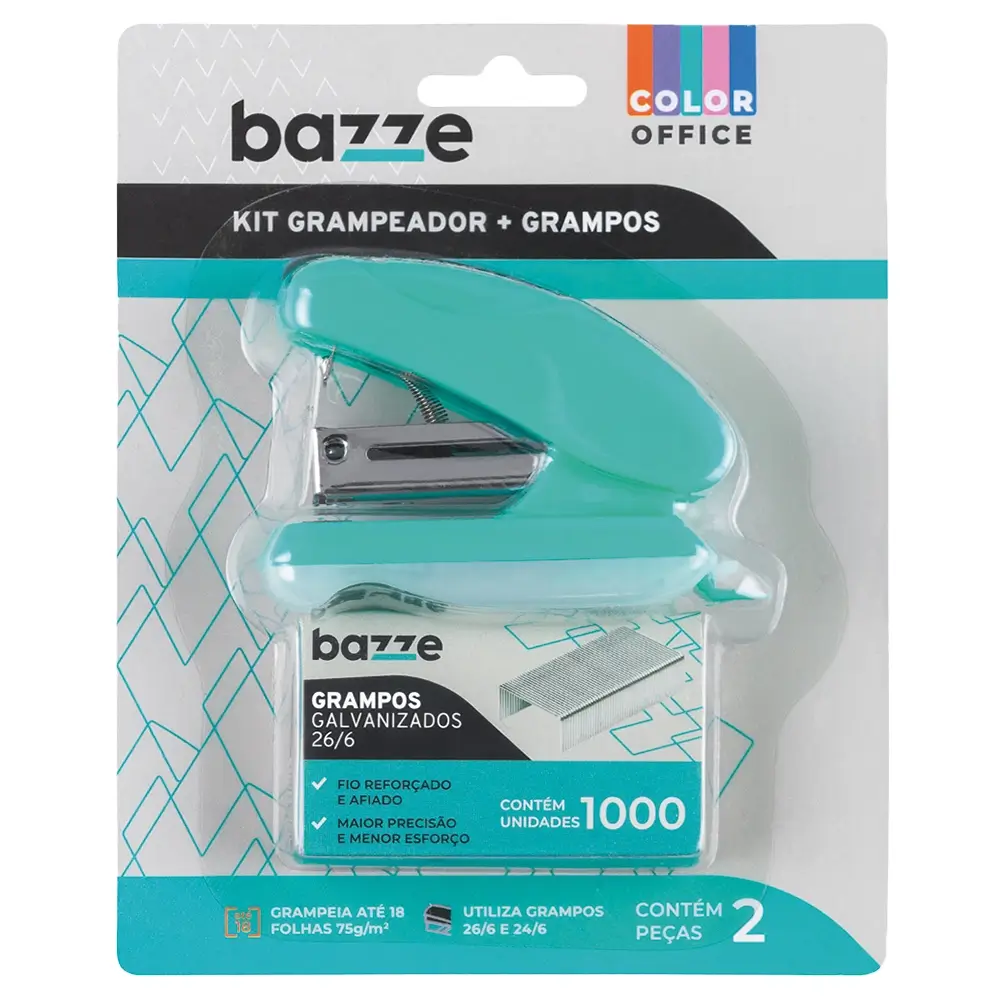 Kit Grampeador Mini B5101 - 26/6 - 18 Folhas - Plástico + Grampos -Cores sortidas - Cartela C/2 peças - Bazze - Imagem 2