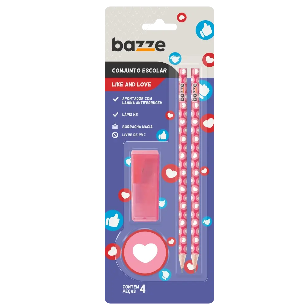 Conjunto Emotion Love - 2 Lápis preto + Apontador com depósito +Borracha - Cartela C/4 peças - Bazze - Imagem 2