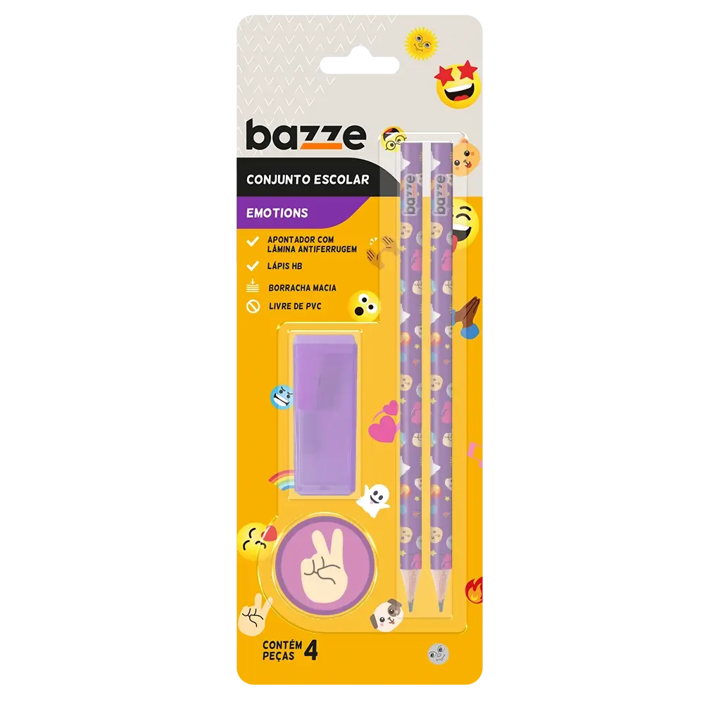 Conjunto Emotion Smile - 2 Lápis preto + Apontador com depósito + Borracha - Cartela C/4 peças - Bazze - Imagem 1