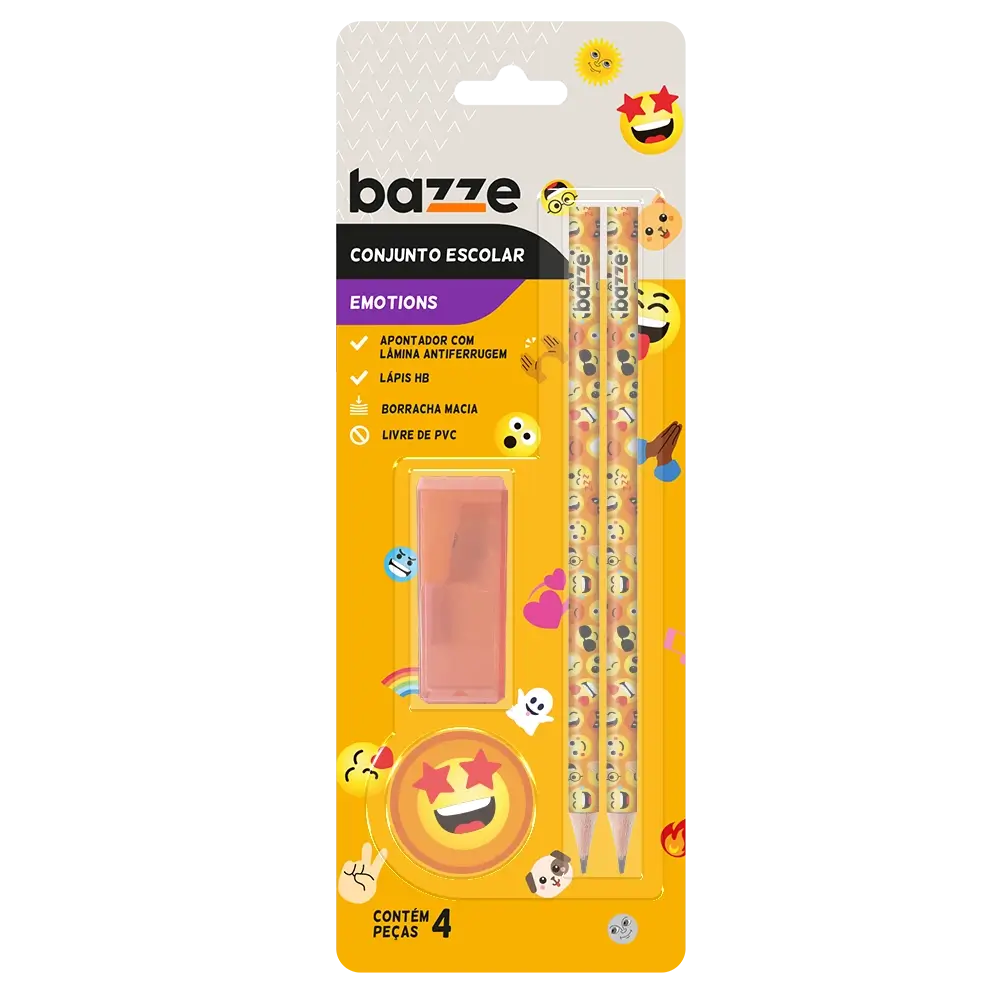 Conjunto Emotion Smile - 2 Lápis preto + Apontador com depósito + Borracha - Cartela C/4 peças - Bazze - Imagem 2