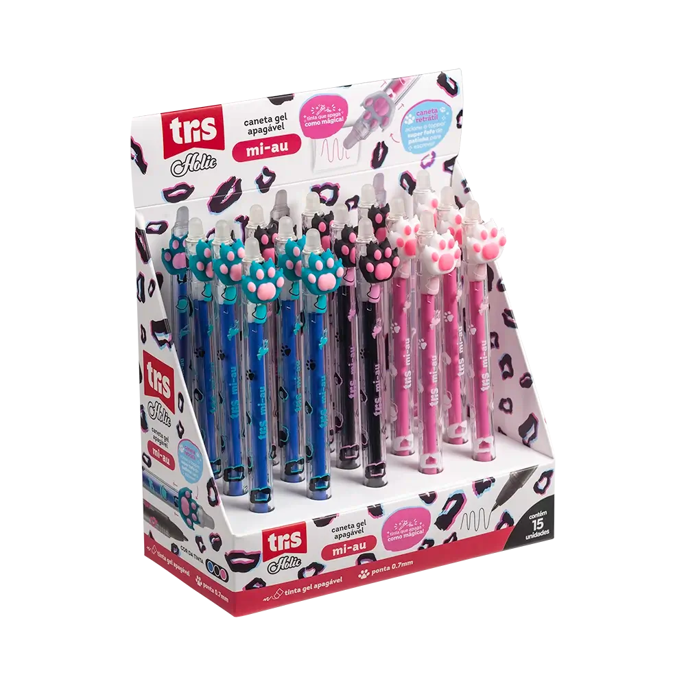Caneta Gel Apagável Mi-Au Holic Pets - 0.7mm - Display C/15 un - Tris - Imagem 1