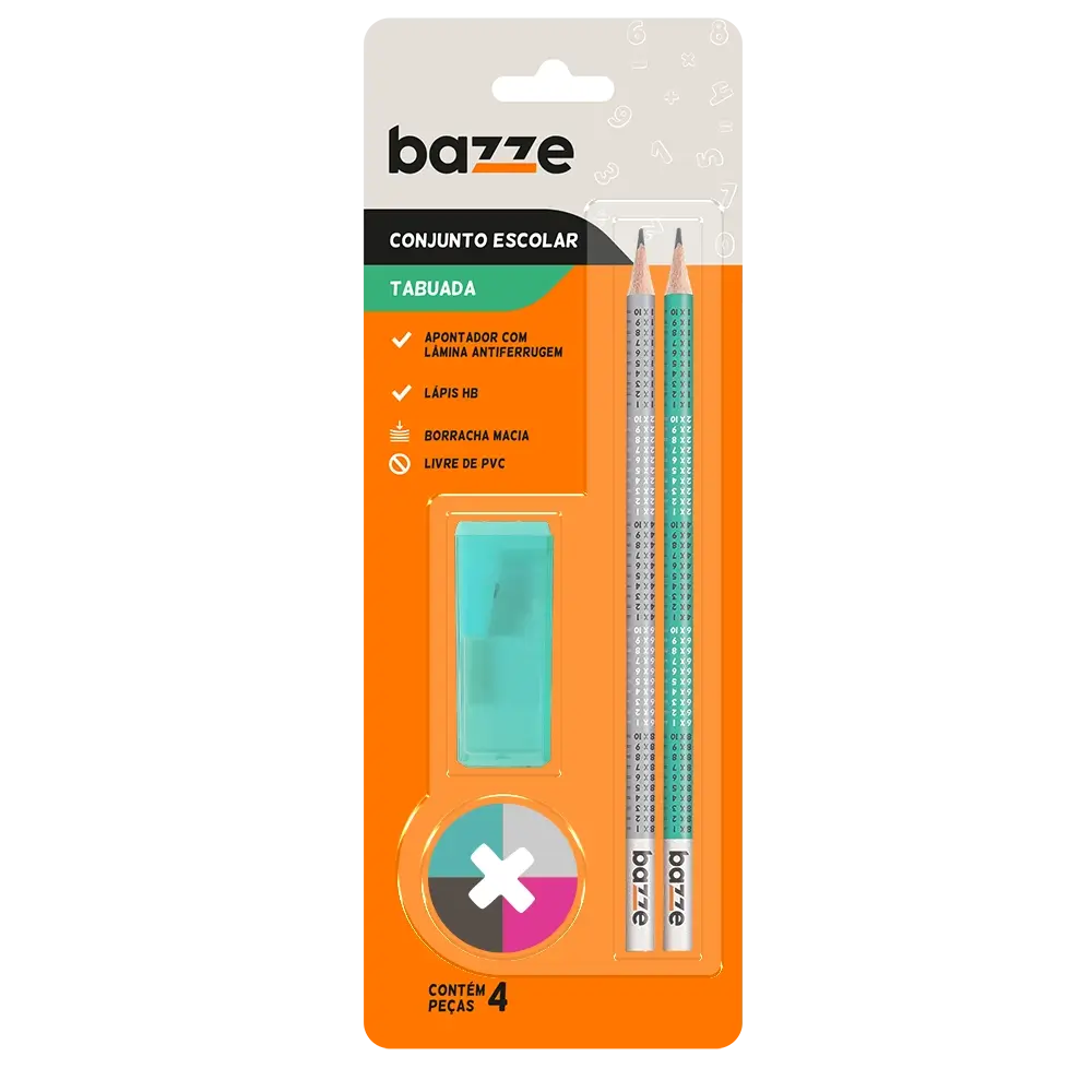 Conjunto Tabuada - 2 Lápis preto + Apontador com depósito + Borracha - Cartela C/4 peças - Bazze - Imagem 1