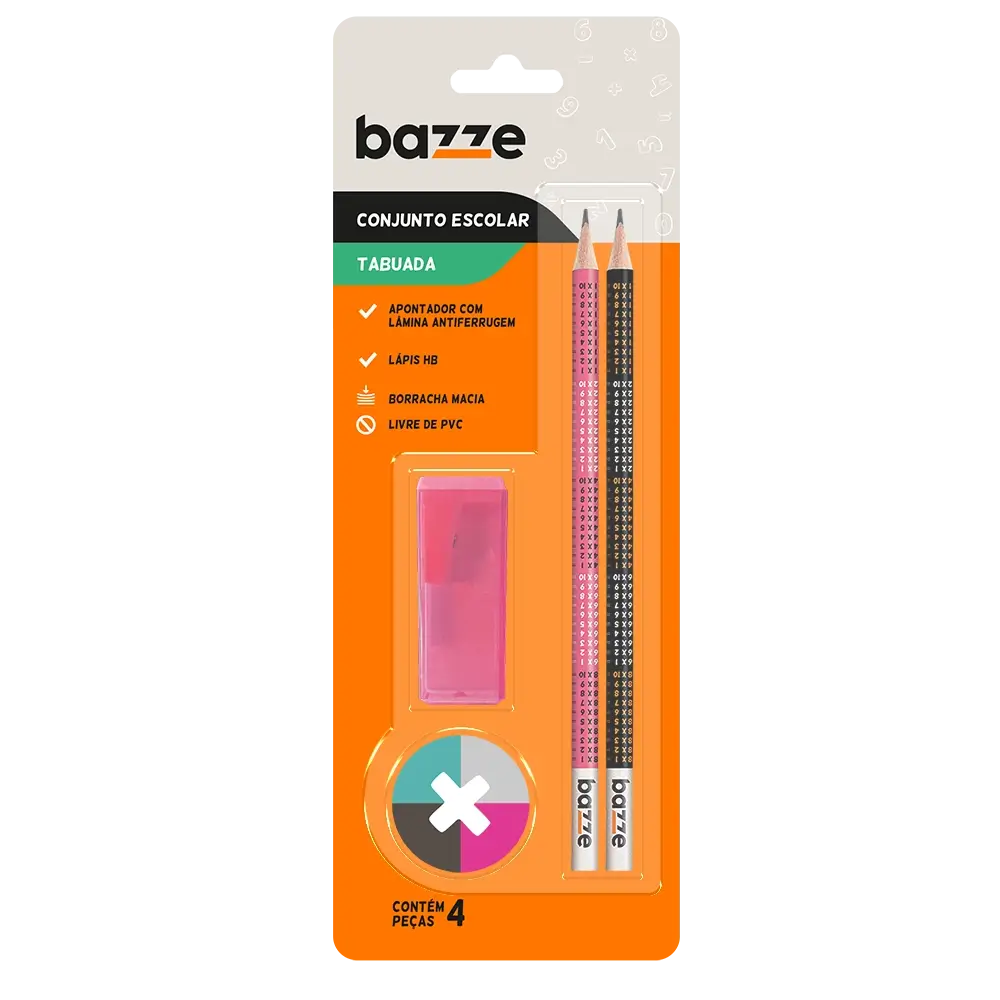 Conjunto Tabuada - 2 Lápis preto + Apontador com depósito + Borracha - Cartela C/4 peças - Bazze - Imagem 2