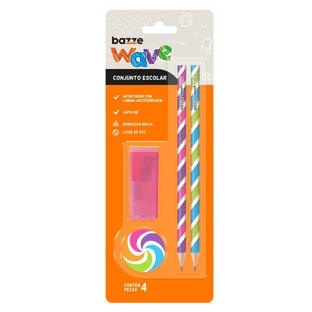 Conjunto Wave - 2 Lápis preto + Apontador com depósito + Borracha-Cartela C/4 peças - Bazze - Imagem 1