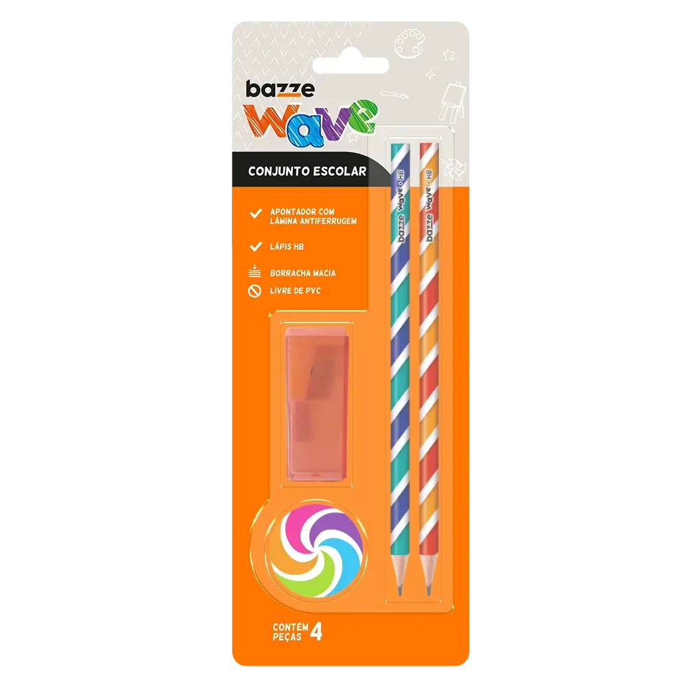 Conjunto Wave - 2 Lápis preto + Apontador com depósito + Borracha-Cartela C/4 peças - Bazze - Imagem 2