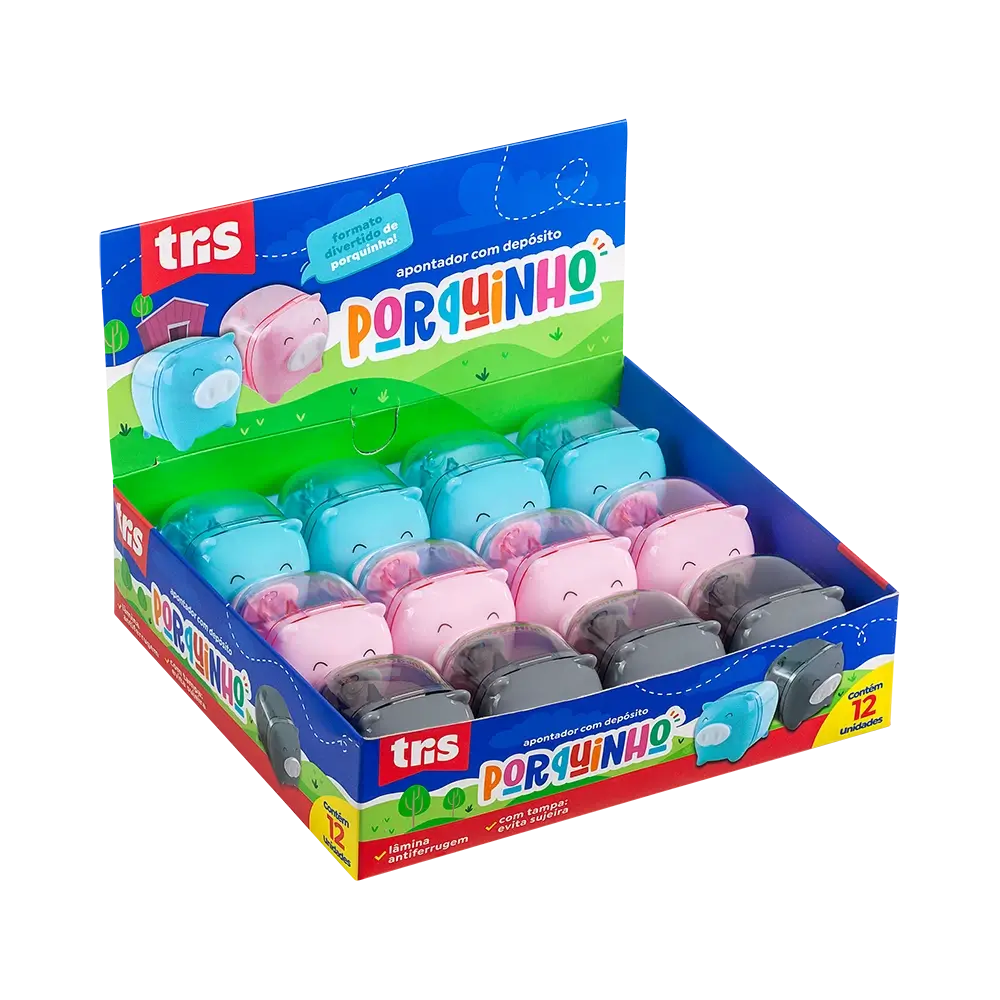 Apontador com Depósito Porquinho - Cores Sortidas - Display C/12 un -Tris - Imagem 1