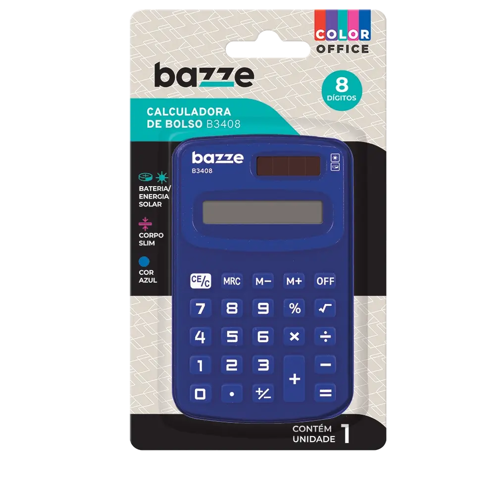 Calculadora de Bolso Mini B3408 - Azul - Cartela 1 un - Bazze - Imagem 1