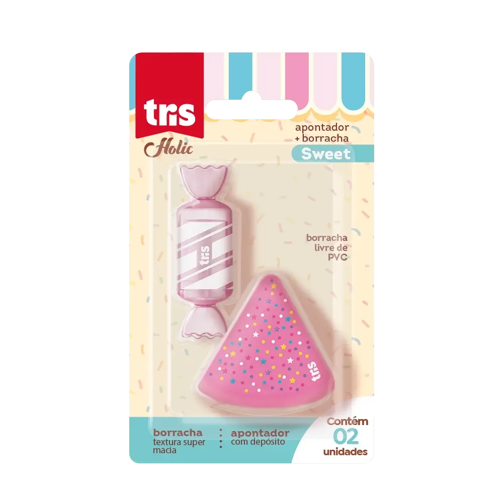 Kit Sweet - Apontador com Depósito Cake + Borracha Balinha Holic Docinhos - Cartela C/2 un - Tris - Imagem 1