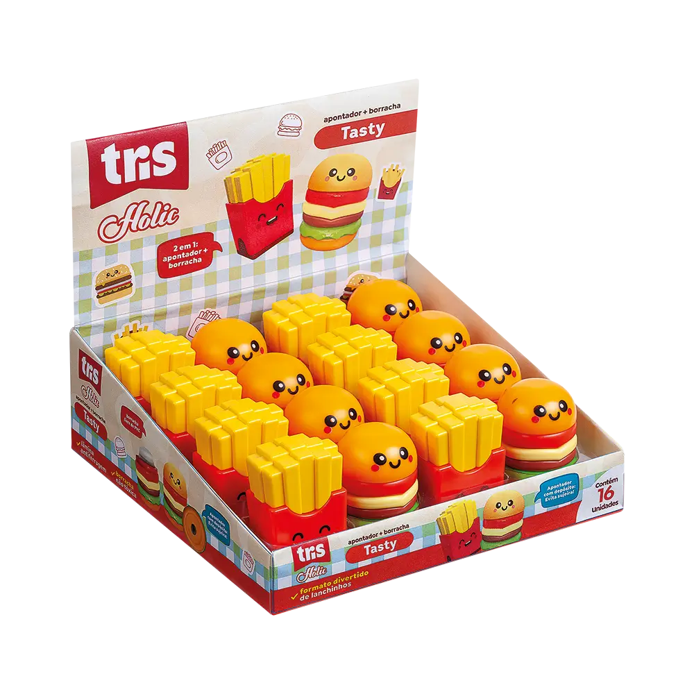 Apontador Com Depósito + Borracha Tasty Holic Lanchinhos - CoresSortidas - Display C/16 un - Tris - Imagem 1