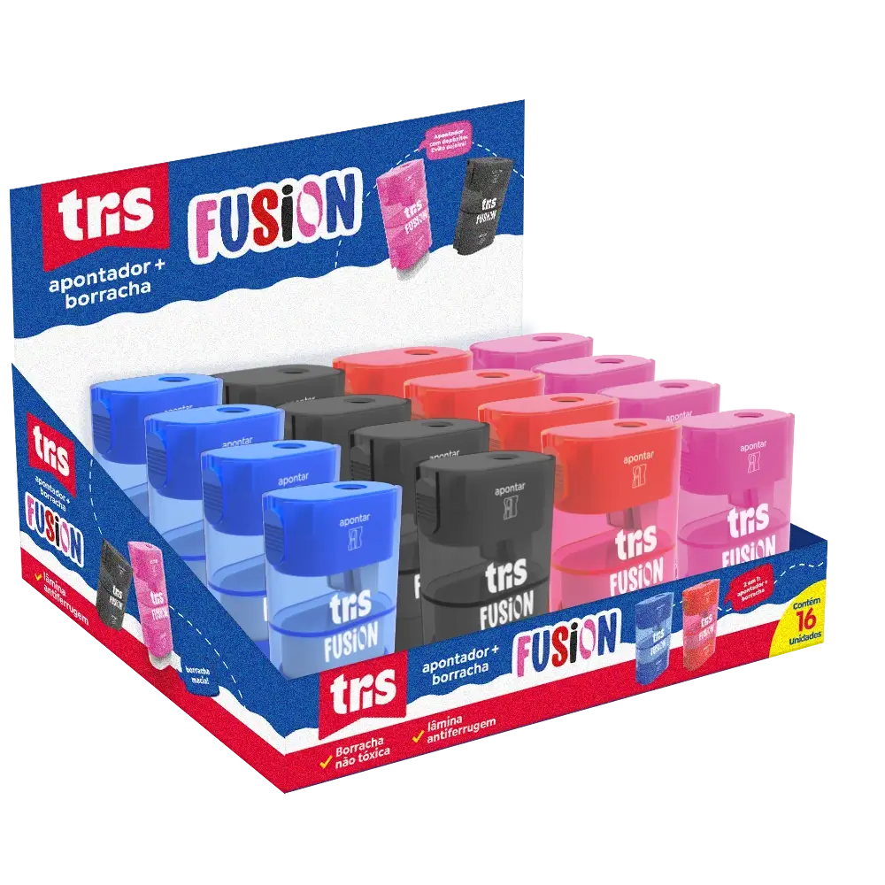 Apontador com Depósito + Borracha Fusion - Cores Sortidas - Display C/16un - Tris - Imagem 1