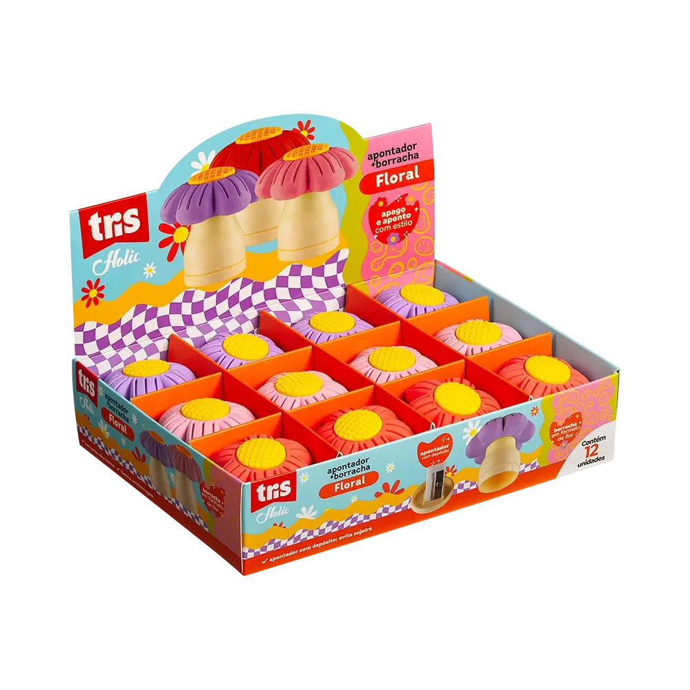Apontador com Depósito + Borracha Floral Holic Dopamina - Display C/12 un - Tris - Imagem 1
